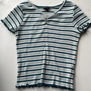 striped tee with lettuce trim. Teal, light green, and white. Scrunched neckline.